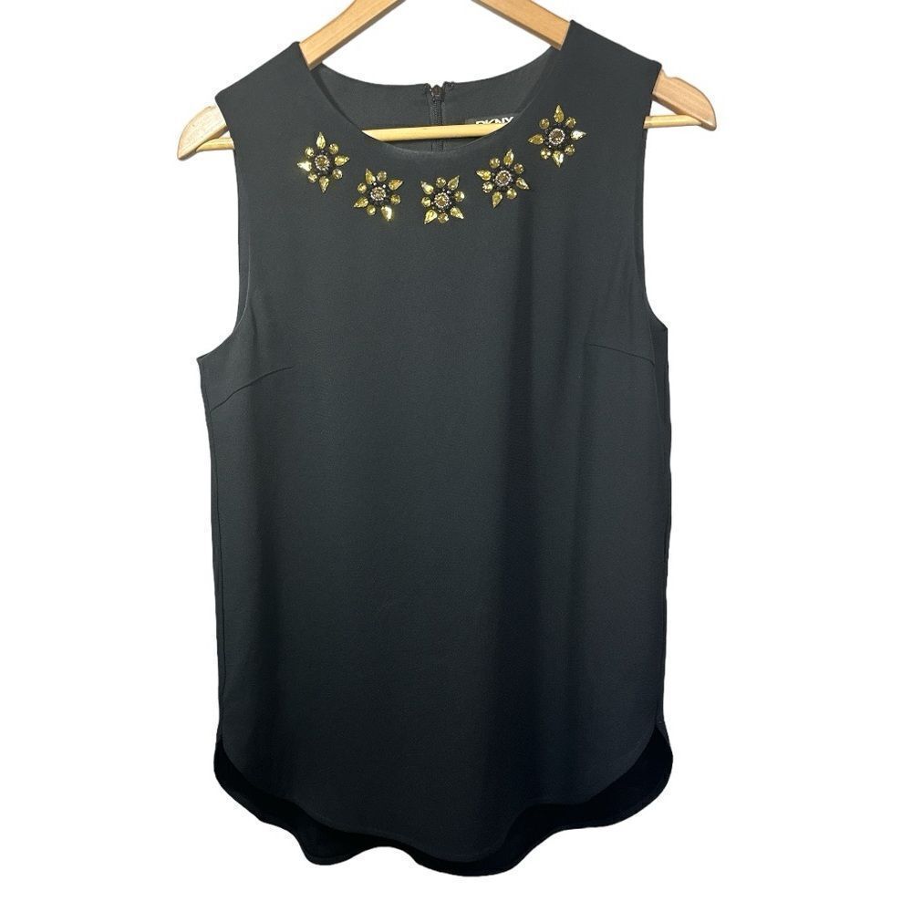 DKNY Women's Beaded Floral Jewel Sleeveless Blouse Black Size Medium